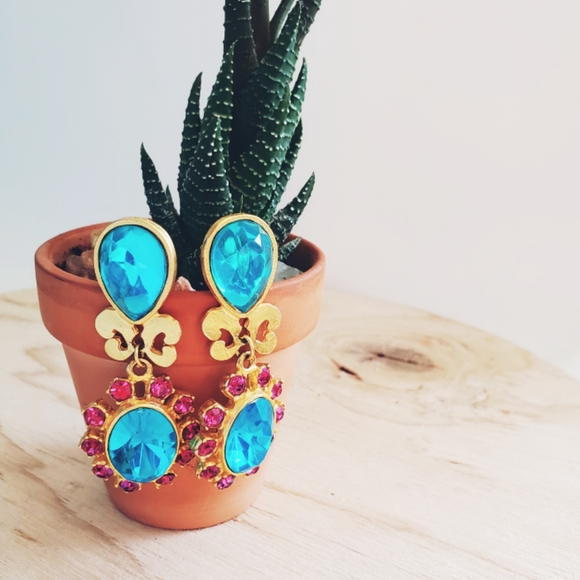 Vintage Jewelry - Vintage earrings, blue & magenta, statement
